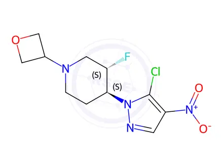Chemical structure of (3S,4S)-rel-4-(5-chloro-4-nitro-pyrazol-1-yl)-3-fluoro-1-(oxetan-3-yl)piperidine