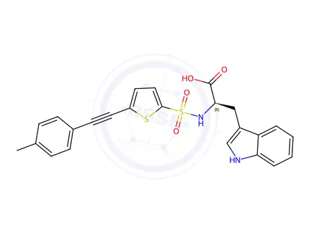 Chemical structure of (R)-3-(1H-Indol-3-yl)-2-(5-(p-tolylethynyl)thiophene-2-sulfonamido)propanoic acid