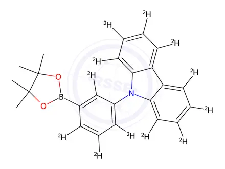 Chemical structure of 9-(3-(4,4,5,5-tetramethyl-1,3,2-dioxaborolan-2-yl)phenyl-2,4,5,6-d4)-9H-carbazole-1,2,3,4,5,6,7,8-d8