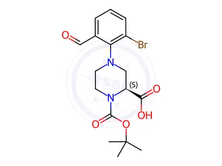 Chemical structure of (S)-4-(2-Bromo-6-formylphenyl)-1-(tert-butoxycarbonyl)piperazine-2-carboxylic acid