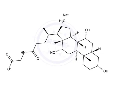 Chemical structure of Glycine, N-[(3α,5β,7α,12α)-3,7,12-trihydroxy-24-oxocholan-24-yl]-, monosodium salt, monohydrate