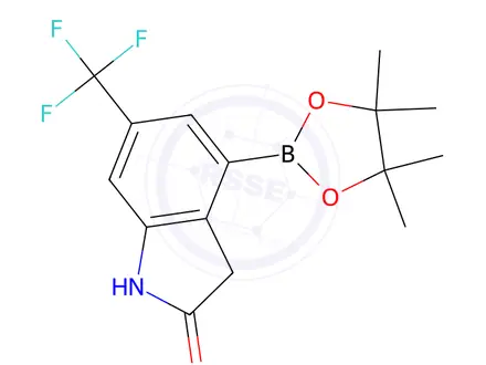Chemical structure of 4-(4,4,5,5-tetramethyl-1,3,2-dioxaborolan-2-yl)-6-(trifluoromethyl)-2,3-dihydro-1H-indol-2-one