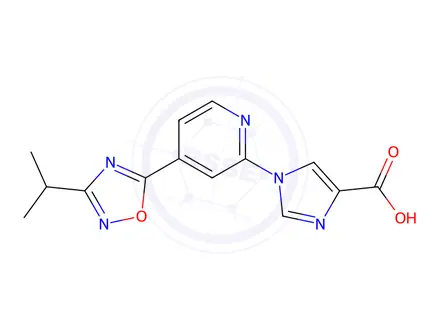 Chemical structure of 1-(4-(3-Isopropyl-1,2,4-oxadiazol-5-yl)pyridin-2-yl)-1H-imidazole-4-carboxylic acid