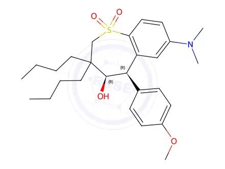 Chemical structure of (4R,5R)-3,3-Dibutyl-7-(dimethylamino)-4-hydroxy-5-(4-methoxyphenyl)-2,3,4,5-tetrahydrobenzo[b]thiepine 1,1-dioxide