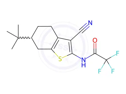 Chemical structure of N-(6-(tert-Butyl)-3-cyano-4,5,6,7-tetrahydrobenzo[b]thiophen-2-yl)-2,2,2-trifluoroacetamide