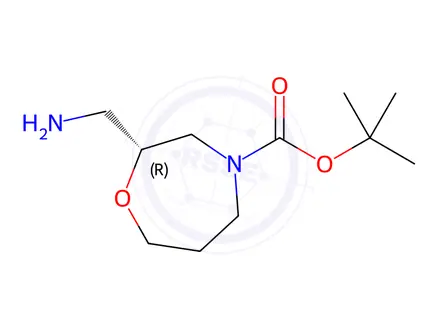 Chemical structure of 1,4-Oxazepine-4(5H)-carboxylic acid, 2-(aminomethyl)tetrahydro-, 1,1-dimethylethyl ester, (2R)-