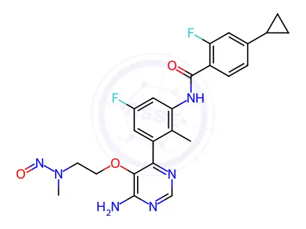 Chemical structure of N-(3-(6-Amino-5-(2-(methyl(nitroso)amino)ethoxy)pyrimidin-4-yl)-5-fluoro-2-methylphenyl)-4-cyclopropyl-2-fluorobenzamide