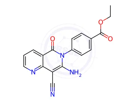 Chemical structure of Ethyl 4-(7-amino-8-cyano-5-oxo-5,6-dihydro-1,6-naphthyridin-6-yl)benzoate