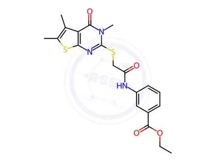 Chemical structure of Ethyl 3-(2-((3,5,6-trimethyl-4-oxo-3,4-dihydrothieno[2,3-d]pyrimidin-2-yl)thio)acetamido)benzoate
