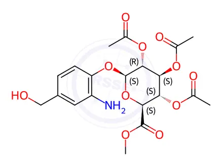 Chemical structure of (2S,3R,4S,5S,6S)-2-(2-Amino-4-(hydroxymethyl)phenoxy)-6-(methoxycarbonyl)tetrahydro-2H-pyran-3,4,5-triyl triacetate