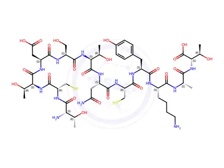 Chemical structure of (2S,5S,8S,11S,14R,17S,20S,23S,26S)-17-(2-Amino-2-oxoethyl)-26-((2S,3R)-2-((R)-2-((2S,3R)-2-amino-3-hydroxybutanamido)-3-mercaptopropanamido)-3-hydroxybutanamido)-8-(4-aminobutyl)-11-(4-hydroxybenzyl)-2,20-bis((R)-1-hydroxyethyl)-23-(hydroxymethyl)-14-(mercaptomethyl)-5-methyl-4,7,10,13,16,19,22,25-octaoxo-3,6,9,12,15,18,21,24-octaazaoctacosanedioic Acid