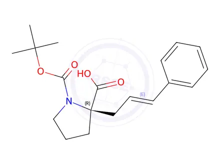 Chemical structure of (R)-1-(tert-butoxycarbonyl)-2-cinnamylpyrrolidine-2-carboxylic acid