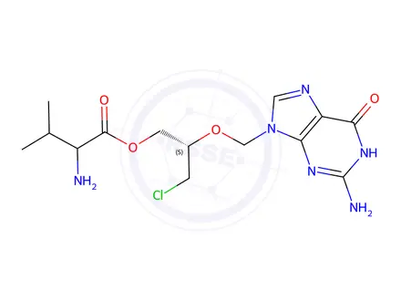 Chemical structure of (2S)-2-((2-amino-6-oxo-1H-purin-9(6H)-yl)methoxy)-3-chloropropyl 2-amino-3-methylbutanoate