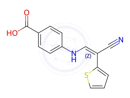 Chemical structure of 4-{[(1Z)-2-cyano-2-(thiophen-2-yl)eth-1-en-1-yl]amino}benzoic acid