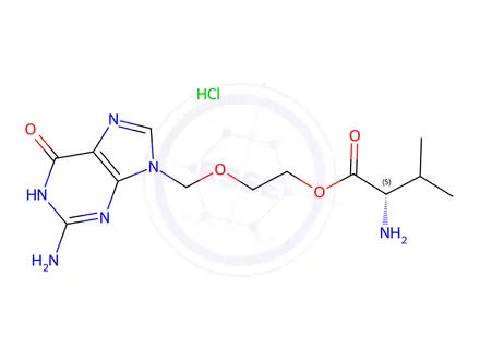 Chemical structure of (S)-2-((2-amino-6-oxo-1H-purin-9(6H)-yl)methoxy)ethyl 2-amino-3-methylbutanoate hydrochloride