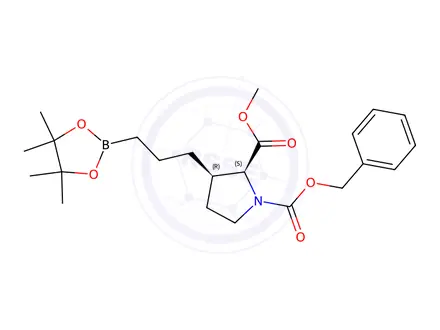 Chemical structure of 1-Benzyl 2-methyl (2S,3R)-3-(3-(4,4,5,5-tetramethyl-1,3,2-dioxaborolan-2-yl)propyl)pyrrolidine-1,2-dicarboxylate