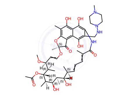 Chemical structure of Rifamycin, 3-[[(4-methyl-1-piperazinyl)amino]methyl]-