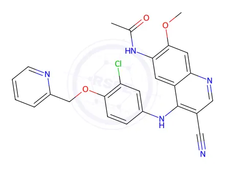 Chemical structure of N-(4-((3-Chloro-4-(pyridin-2-ylmethoxy)phenyl)amino)-3-cyano-7-methoxyquinolin-6-yl)acetamide