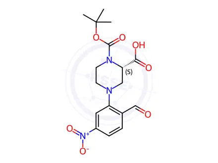 Chemical structure of (S)-1-(tert-Butoxycarbonyl)-4-(2-formyl-5-nitrophenyl)piperazine-2-carboxylic acid
