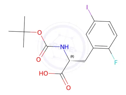 Chemical structure of (R)-2-((tert-butoxycarbonyl)amino)-3-(2-fluoro-5-iodophenyl)propanoic acid
