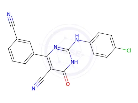 Chemical structure of 2-[(4-Chlorophenyl)amino]-4-(3-cyanophenyl)-6-oxo-1,6-dihydropyrimidine-5-carbonitrile