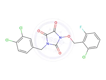 Chemical structure of 1-[(2-Chloro-6-fluorophenyl)methoxy]-3-[(3,4-dichlorophenyl)methyl]imidazolidine-2,4,5-trione