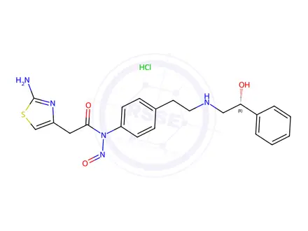 Chemical structure of (R)-2-(2-aminothiazol-4-yl)-N-(4-(2-((2-hydroxy-2-phenylethyl)amino)ethyl)phenyl)-N-nitrosoacetamide hydrochloride