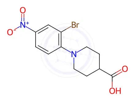 Chemical structure of 1-(2-bromo-4-nitrophenyl)-4-piperidinecarboxylic acid