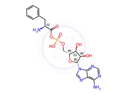 Chemical structure of (S)-2-Amino-3-phenylpropanoic (((2R,3S,4R,5R)-5-(6-amino-9H-purin-9-yl)-3,4-dihydroxytetrahydrofuran-2-yl)methyl phosphoric) Anhydride