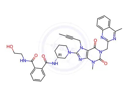 Chemical structure of (R)-N1-(1-(7-(But-2-yn-1-yl)-3-methyl-1-((4-methylquinazolin-2-yl)methyl)-2,6-dioxo-2,3,6,7-tetrahydro-1H-purin-8-yl)piperidin-3-yl)-N2-(2-hydroxyethyl)phthalamide