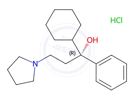 Chemical structure of 1-Pyrrolidinepropanol, alpha-cyclohexyl-alpha-phenyl-, hydrochloride, (-)-