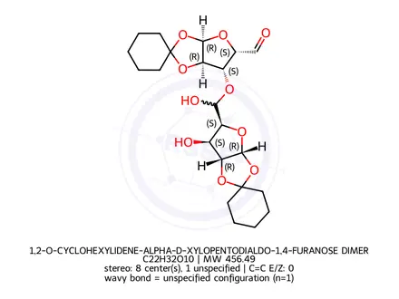 Chemical structure of 1,2-O-CYCLOHEXYLIDENE-ALPHA-D-XYLOPENTODIALDO-1,4-FURANOSE DIMER