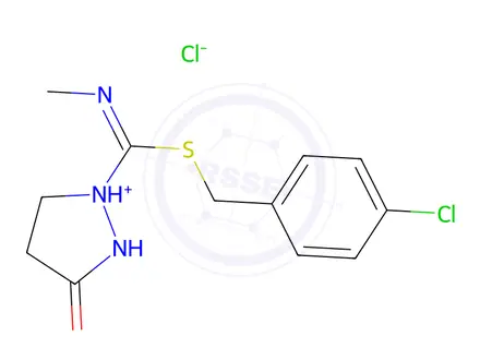 Chemical structure of 1-[(1E)-{[(4-chlorophenyl)methyl]sulfanyl}(methylimino)methyl]pyrazolidin-3-one hydrochloride