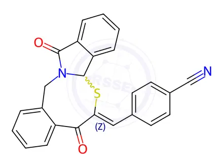 Chemical structure of 4-{[(10Z)-9,19-dioxo-11-thia-1-azatetracyclo[10.7.0.0^{3,8}.0^{13,18}]nonadeca-3(8),4,6,13(18),14,16-hexaen-10-ylidene]methyl}benzonitrile