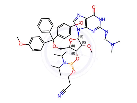 Chemical structure of 2'-O-Methyl-N2-dimethylformamide-5'-O-DMT-Guanosine-3'-CE-Phosphoramidite