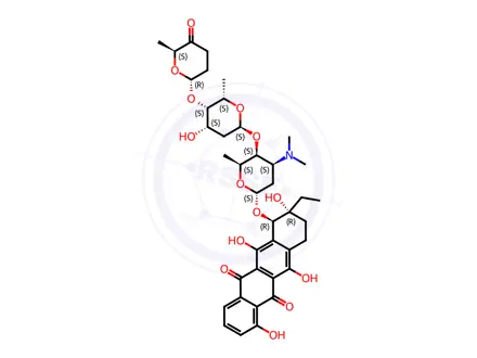 Chemical structure of 5,12-Naphthacenedione, 8-ethyl-7,8,9,10-tetrahydro-1,6,8,11-tetrahydroxy-7-[[2,3,6-trideoxy-4-O-[2,6-dideoxy-4-O-[(2R,6S)-tetrahydro-6-methyl-5-oxo-2H-pyran-2-yl]-α-L-lyxo-hexopyranosyl]-3-(dimethylamino)-α-L-lyxo-hexopyranosyl]oxy]-, (7R,8R)-