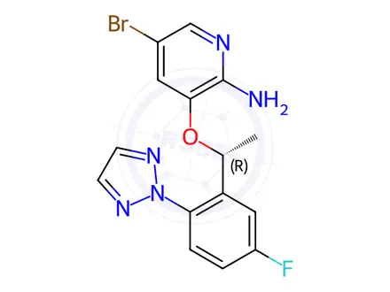 Chemical structure of (R)-5-bromo-3-(1-(5-fluoro-2-(2H-1,2,3-triazol-2-yl)phenyl)ethoxy)pyridin-2-amine