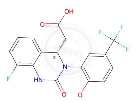 Chemical structure of (S)-2-(8-fluoro-3-(2-methoxy-5-(trifluoromethyl)phenyl)-2-oxo-1,2,3,4-tetrahydroquinazolin-4-yl)acetic acid