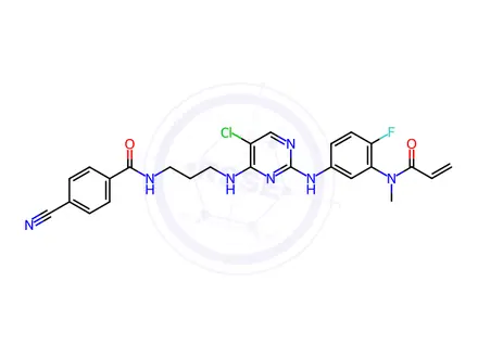 Chemical structure of N-(3-((5-chloro-2-((4-fluoro-3-(N-methylacrylamido)phenyl)amino)pyrimidin-4-yl)amino)propyl)-4-cyanobenzamide
