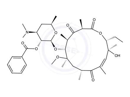 Chemical structure of 2 '-O-Benzoyl-3-O-de [(2,6-dideoxy-3-c-methyl-3-O-methyl-a-L-ribohexopyranosyl)oxy]-11-deoxy-10,11-didehydro-6-O-methyl-3-oxoerythromycin