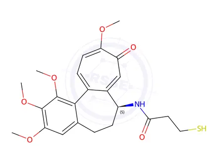 Chemical structure of (S)-3-mercapto-N-(1,2,3,10-tetramethoxy-9-oxo-5,6,7,9-tetrahydrobenzo[a]heptalen-7-yl)propanamide