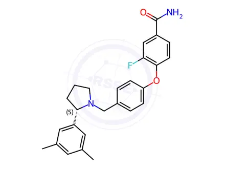 Chemical structure of (S)-4-(4-((2-(3,5-Dimethylphenyl)pyrrolidin-1-yl)methyl)phenoxy)-3-fluorobenzamide