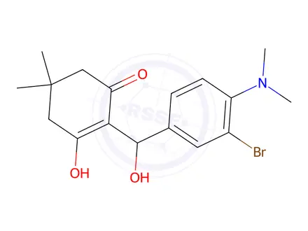 Chemical structure of 2-((3-bromo-4-(dimethylamino)phenyl)(hydroxy)methyl)-3-hydroxy-5,5-dimethylcyclohex-2-enone