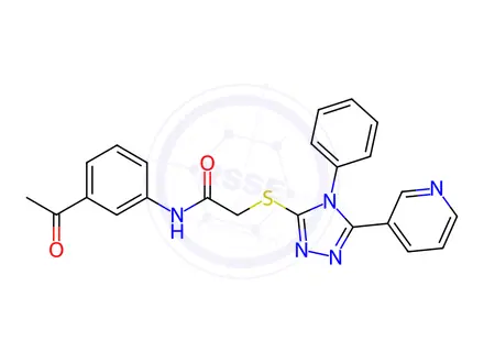 Chemical structure of N-(3-acetylphenyl)-2-((4-phenyl-5-(pyridin-3-yl)-4H-1,2,4-triazol-3-yl)thio)acetamide