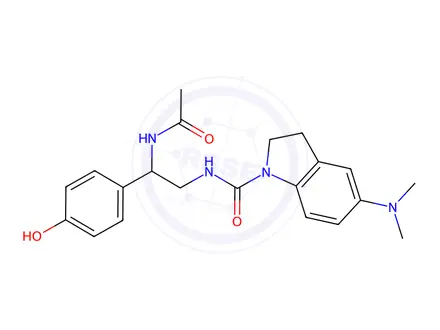 Chemical structure of N-(2-acetamido-2-(4-hydroxyphenyl)ethyl)-5-(dimethylamino)indoline-1-carboxamide