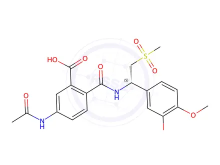 Chemical structure of 3-(Acetylamino)-6-[[[(1S)-1-(3-ethoxy-4-methoxyphenyl)-2-(methylsulfonyl)ethyl]amino]carbonyl]-benzoic acid
