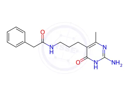 Chemical structure of N-(3-(2-Amino-4-methyl-6-oxo-1,6-dihydropyrimidin-5-yl)propyl)-2-phenylacetamide