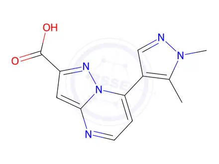 Chemical structure of 7-(1,5-Dimethyl-1H-pyrazol-4-yl)pyrazolo[1,5-a]pyrimidine-2-carboxylic Acid