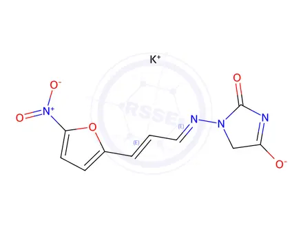 Chemical structure of Hydantoin, 1-((3-(5-nitro-2-furyl)allylidene)amino)-, potassium salt