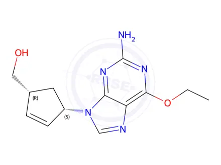 Chemical structure of ((1R,4S)-4-(2-Amino-6-ethoxy-9H-purin-9-yl)cyclopent-2-en-1-yl)methanol